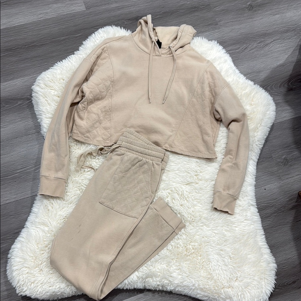 Beige 2 piece Set Crop Hoodie Small and Joggers Medium